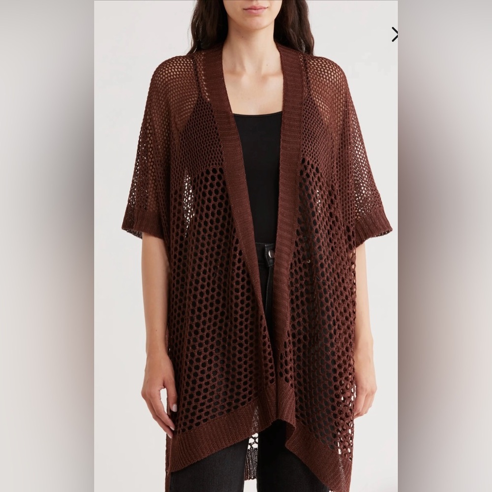 Steve Madden Beachside Waves Open Knit Ruana Brown Open-Knit Women's Sweater